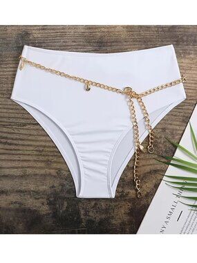 💯 White Bikini Bottoms with Gold Chain and Leaf Detail (L) 💯